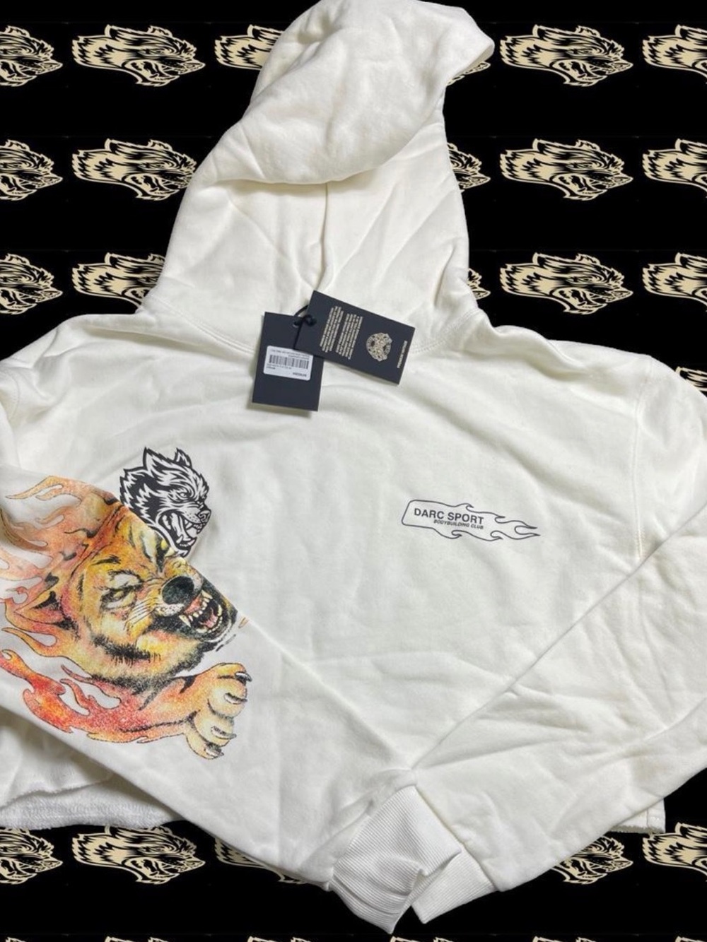 Darc Sport White Crewneck Hoodie with Flaming Bear Sleeve Graphic